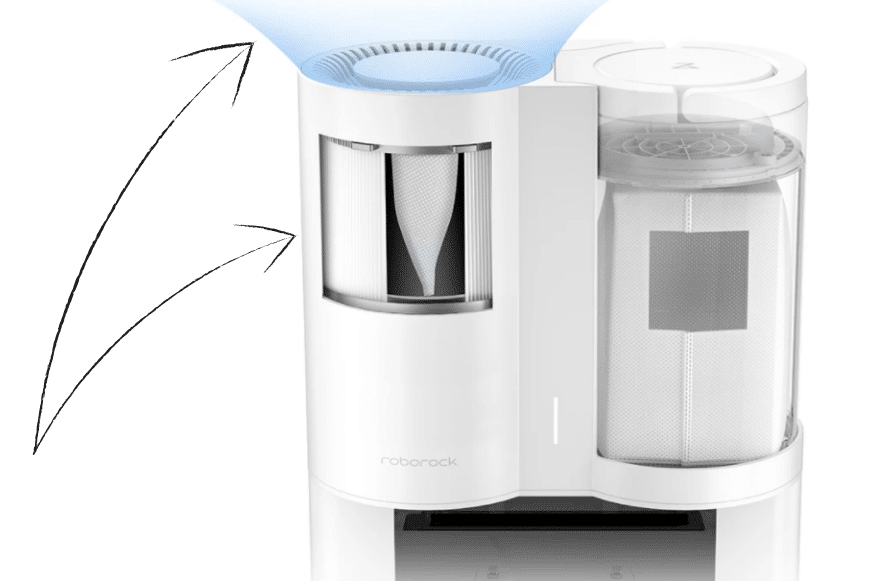 Die Funktionsweise des HEPA-Filters in der Absaugstation des Roborock S7 wird bildlich veranschaulicht